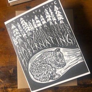 Happy Hibernating - 100% Recycled Greeting Card, sleeping bear, cave, winter scene