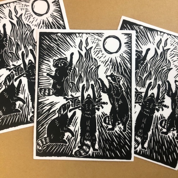 Raccoon Bonfire Vinyl Sticker - weatherproof and waterproof, trash creatures