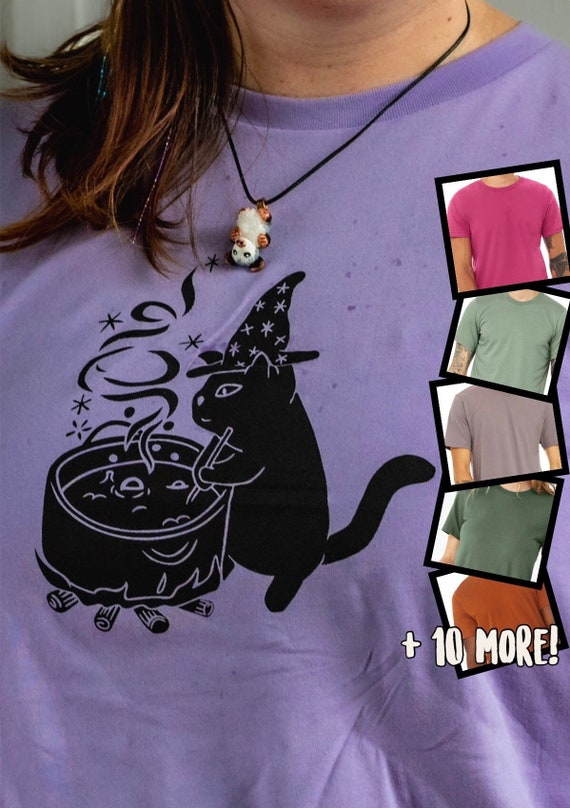 Witch Cat T-shirt - 100% cotton, screenprinted in our shop, she is making magic soup