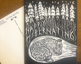 Happy Hibernating - 100% Recycled Postcard, sleeping bear, cave, winter scene