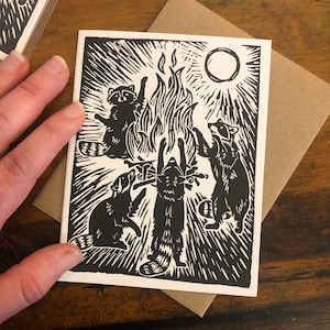 Raccoon Bonefire Dance - Greeting card, 100% recycled, trash friends, spooky, moonlight, fire, feral