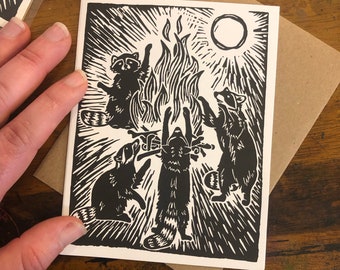 Raccoon Bonefire Dance - Greeting card, 100% recycled, trash friends, spooky, moonlight, fire, feral