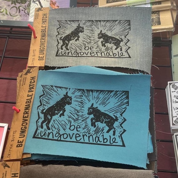 Be Ungovernable - thrifted Denim patch, screen printed, anarchist goats, creatures of chaos