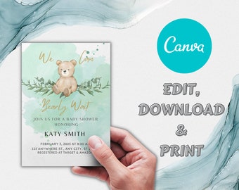 Editable Teddy Bear Baby Shower Invitation, Bear Themed Invite, Printable Bear Invitations, Green Template download,We Can Bearly Wait Baby