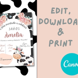 Convite do aniversário de Vaca Lola | Convite Personalizado | Cartão de aniversário feito sob encomenda do tema da vaca | Vaca editável para cada ocasião | Vaqueira | Celeiro