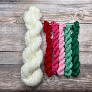 Dyed To Order: Peppermint Wonderland Sock Yarn Set | White, Red, Dark Pink, Light Pink, Mint Green, Dark Green | Candy Cane | Christmas