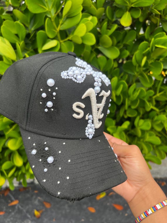 Embellished Black Cap with Pearl Accents Black & White NY Snapback~blinged With Pearls, Rhinestone  main image 3