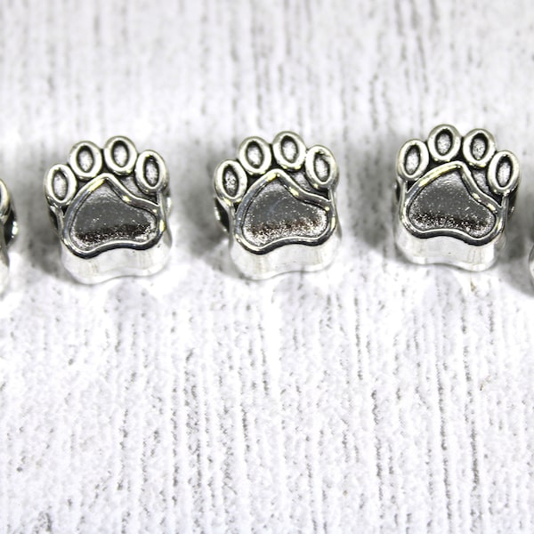 Silver Paw Print Large Hole Beads Jewelry Making, Loss of Pet, Pet Memorial Bead Supply