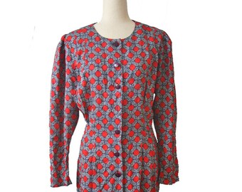 Vintage '80s Red Geometric Print Silk Sheath Dress | L/XL