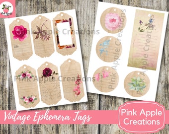 Printable Gift Tags, Printable Tags, Junk Journal Tags, Printable, Ephemera,  Scrapbook, Journaling tags, Vintage Tags, Labels, Flowers