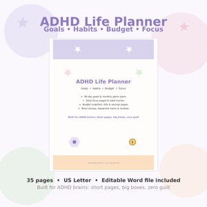 Könnte beinhalten: Ein weißer ADHD-Lebensplaner mit violetten und pfirsichfarbenen Akzenten, verziert mit Sternen, einem Blumensymbol und einer Goldmünze. Der Text umfasst Ziele, Gewohnheiten, Budget und Fokus auf 35 Seiten im US-Letter-Format inklusive editierbarer Word-Datei.