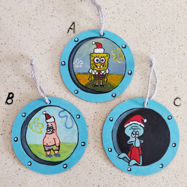 Hand painted Spongebob Square Pants Ornament/Cartoon Cute Christmas Character painting/Porthole window hanging ornaments/Stylish trendy gift