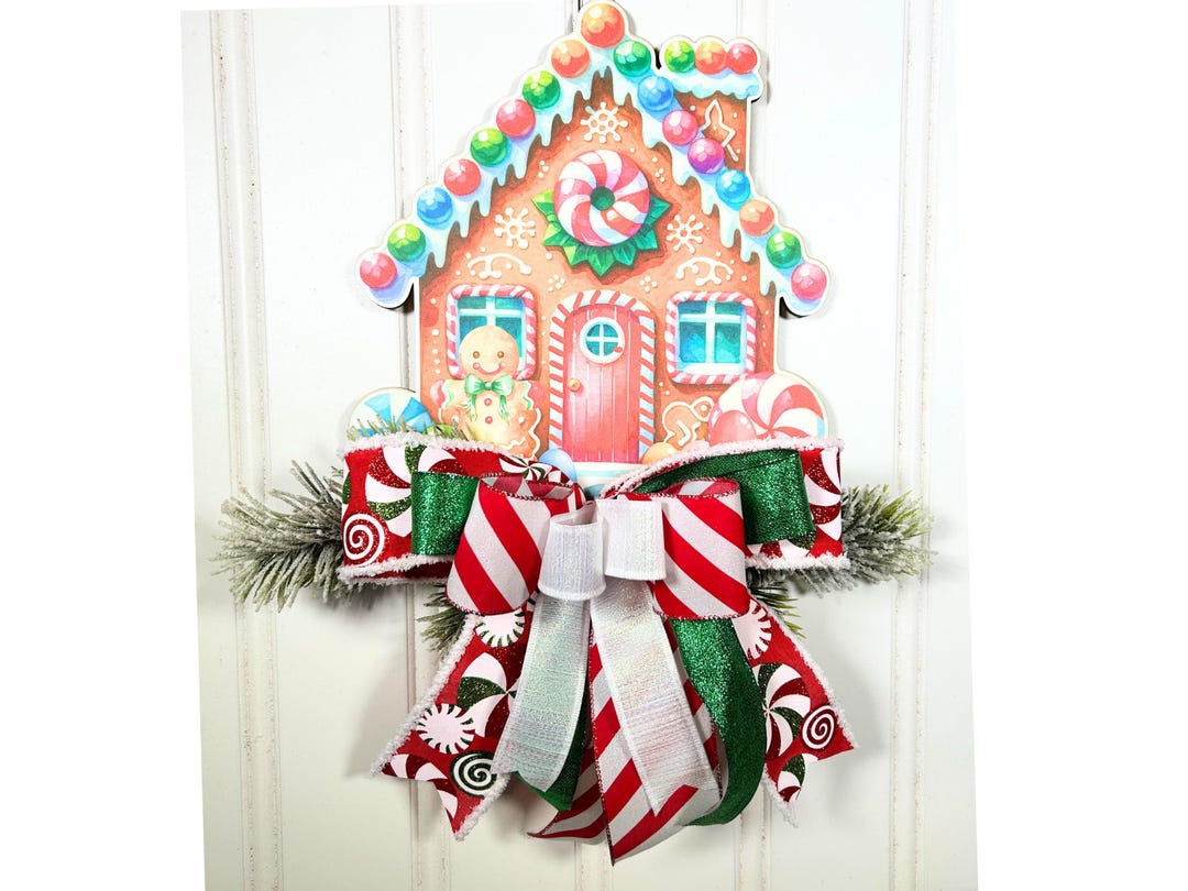 Gingerbread House Christmas Door Hanger, Candy Cane Front Door Wreath ...
