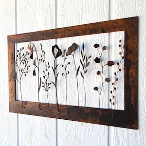 Metal Wildflowers Wall Art Decoration Statement Piece | Rustic Modern Nature 3D Frame Interior Home Decor