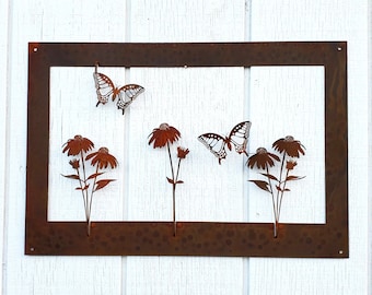 Rusted Metal Echinacea Wildflower Wall Art Decoration Statement Piece | Rustic Modern Nature Butterfly 3D Frame Interior Home Decor