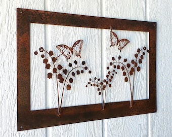 Rusted Metal Lily of the Valley Wildflower Wall Art Decoration Statement Piece | Rustic Modern Nature Butterfly 3D Frame Interior Home Decor