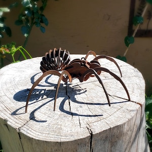 May include: A metal spider sculpture with a detailed body and long legs. The sculpture is made of brown metal and is placed on a weathered wooden stump. The spider's shadow is cast on the stump.