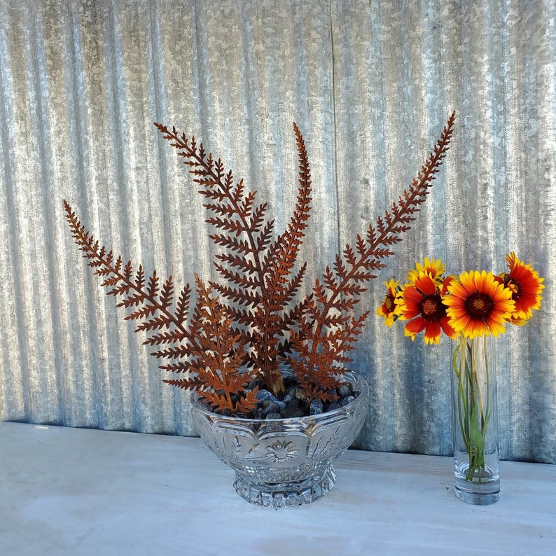 Rusty Fern Fronds Bouquet Ferns for Plant Pot Decoration Rusted Metal Flower Plant Stake for Garden Vase image 1