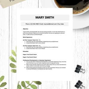 May include: A resume template with the title "Ms Document" and the heading "MARY SMITH". The template includes sections for objective, work experience, education, and professional development or volunteer experience.