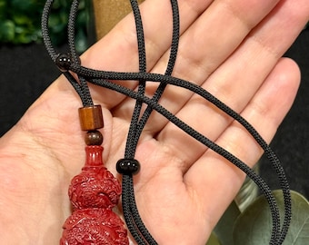 Cinnabar Hulu crystal pendant necklace,good luck necklace,fortune and prosperity amulet,cinnabar pendant on cord,gift for business owner