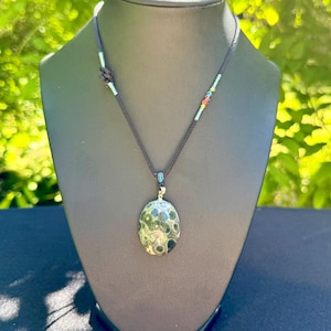 Orbicular Ocean Jasper crystal pendant adjustable necklace,green jasper amulet cord necklace,boho crystal jewelry,polished ocean jasper
