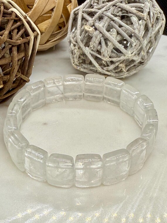 Clear Quartz Bracelet: Rectangle Bead Stretch Cry… - image 3