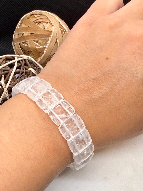 Clear Quartz Bracelet: Rectangle Bead Stretch Cry… - image 4
