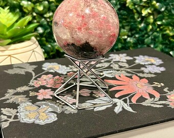 Iced Rhodonite Crystal Sphere, Pink and Black Gemstone, Energy Work Tool
