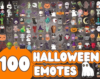 May include: A collection of 100 Halloween themed emoticons, including ghosts, pumpkins, bats, witches, and more. The emoticons are colorful and cartoonish, and they are arranged in a grid pattern. The text "100 Halloween Emotes" is displayed at the bottom of the image.