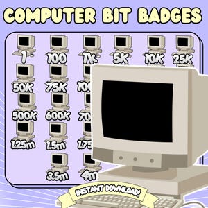 Puede incluir: Un gráfico digital con insignias de bits de computadora. Las insignias son pequeñas ilustraciones de computadoras retro con números que indican cantidades de bits, que van de 1 a 4 millones. El texto "COMPUTER BIT BADGES" está en la parte superior y "INSTANT DOWNLOAD!" en la parte inferior.
