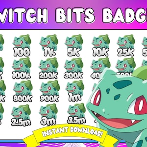 Könnte beinhalten: Ein Satz von 16 Twitch Bits-Abzeichen mit einer grünen Comicfigur mit roten Augen. Die Abzeichen zeigen verschiedene Bit-Beträge, darunter 1, 100, 1K, 5K, 10K, 25K, 50K, 75K, 100K, 200K, 300K, 400K, 700K, 800K, 900K, 1M, 2M, 2,5M, 3M und 3,5M. Der Text "INSTANT DOWNLOAD!" befindet sich am unteren Rand des Bildes.