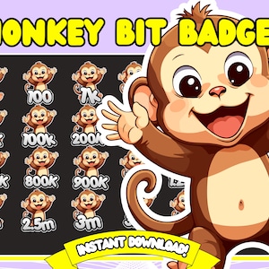Pode incluir: Um conjunto de 10 emblemas digitais com um macaco de desenho animado com números diferentes, incluindo 1, 100, 1K, 75K, 100K, 200K, 700K, 800K, 900K, 2M, 2,5M e 3M. Os emblemas são projetados para uso em mídias sociais ou plataformas online.