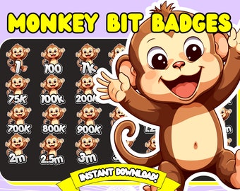 monkey Bit Badges, Twitch Bits Badges, Cute monkey Bits Badges, Chibi monkey Twitch Bit Badges, banana bit badges, monkey sub badges