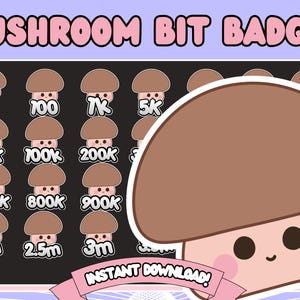 mushroom Bit Badges, Twitch Bits Badges,  cute Bit Badges, funny bit badges, plant emotes twitch, cactus bit badges, mushroom emotes