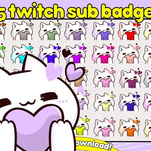 cat sub badges twitch, cute cat sub badges, white cat sub badges, heart cat bit badges, full pack sub badges twitch, full set sub