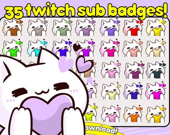 May include: 35 Twitch sub badges featuring a white cat holding a heart in various colors. The cat has a pink nose and black eyes. The text "35 twitch sub badges!" is at the top of the image. The text "download!" is at the bottom of the image.