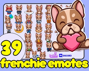 Bundel Frenchie-emotes, Franse Bulldog-emotes, Frenchie Emote Twitch, Frenchie Twitch-emote Chibi-stijl hondenemotes, bruine frenchie-emotes