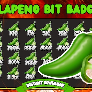 Könnte beinhalten: Ein Satz von 16 grünen Jalapeño-Pfeffer-Bit-Abzeichen mit verschiedenen Zahlen darauf, darunter 1, 100, 1K, 5K, 10K, 25, 75K, 100K, 200K, 300K, 400K, 700K, 800K, 900K, 1M, 2M, 2,5M und 3M. Die Abzeichen befinden sich auf einem schwarzen Hintergrund mit dem Text "JALAPENO BIT BADGES" und "INSTANT DOWNLOAD!" oben und unten im Bild.