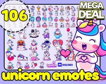 Unicorn Emotes, Unicorn Twitch Emotes, Cute Unicorn Emotes, rainbow unicorn Discord Emote, white horse twitch emotes, colorful emotes