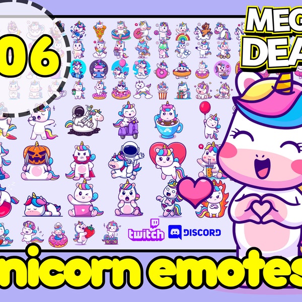 Licorne Emotes, Licorne Twitch Emotes, Licorne mignonne Emotes, Licorne arc-en-ciel Discord Emote, emotes de cheval blanc, emotes colorées