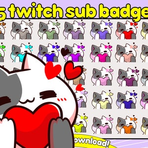 cat sub badges twitch, cute cat sub badges, white cat sub badges, heart cat bit badges, full pack sub badges twitch, full set sub