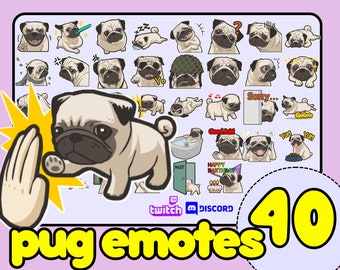 May include: A set of 40 pug dog emojis, featuring various expressions and activities. The emojis are in a cartoon style and are perfect for use on social media or in messaging apps. The emojis are displayed on a light blue background with a yellow border.