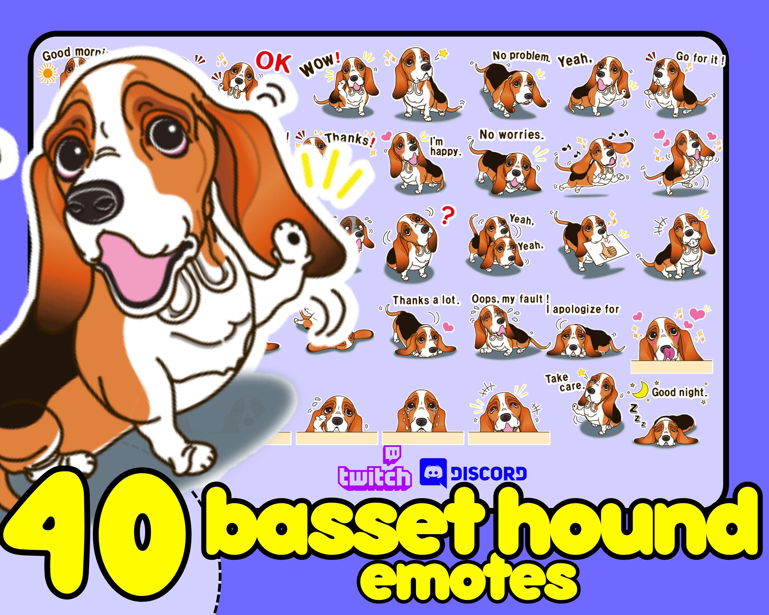 40 Basset Hound Twitch Emotes Bundle, Beagle emotes dog megapack, Hound dog emote, discord emotes dog,Long haired dachshund