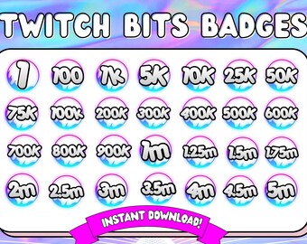 May include: A set of 20 Twitch Bits badges featuring various amounts of bits, from 1 to 5 million, in a white, gray, and blue color scheme with a holographic background. The badges are arranged in a grid pattern and have a rounded shape. The text "TWITCH BITS BADGES" is at the top of the image, and the text "INSTANT DOWNLOAD!" is at the bottom.