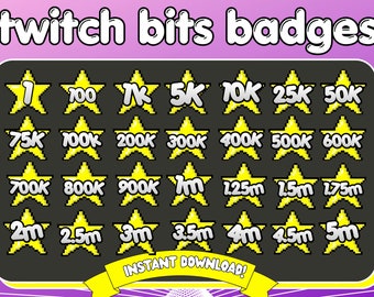 May include: A set of 20 yellow star-shaped Twitch bits badges with white outlines and gray text. The badges show different amounts of bits, ranging from 1 to 5 million. The text "INSTANT DOWNLOAD!" is at the bottom of the image.