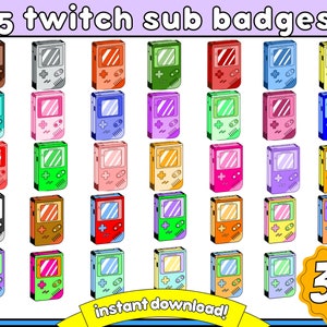 Peut inclure: 35 badges de souscription Twitch de style pixel art coloré. Les badges sont de différentes couleurs, notamment rouge, bleu, vert, jaune, rose et violet. Le texte "35 twitch sub badges!" et "instant download!" est visible sur l'image.