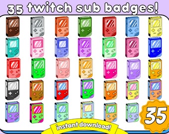 Puede incluir: 35 insignias de suscripción de Twitch de estilo pixel art colorido. Las insignias son de varios colores, incluidos rojo, azul, verde, amarillo, rosa y morado. El texto "35 twitch sub badges!" y "instant download!" es visible en la imagen.
