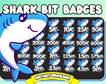May include: A set of 15 blue shark bit badges with different numbers on them, including 5K, 10K, 25K, 50K, 200K, 300K, 400K, 500K, 600K, 800K, 900K, 1m, 1.25m, 1.5m, 1.75m, 2m, 3m, 3.5m, 4m, 4.5m, and 5m. The badges are on a black background with the text "SHARK BIT BADGES" at the top and "INSTANT DOWNLOAD!" at the bottom.