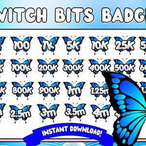 Könnte beinhalten: Ein Satz von 20 blauen Schmetterlings-Twitch-Bits-Abzeichen mit weißen Umrissen und Zahlen, die verschiedene Bit-Beträge angeben, wie z. B. 1, 100, 75 000, 1 000 000, 2 000 000 und 3 500 000. Der Text "INSTANT DOWNLOAD!" befindet sich am unteren Rand des Bildes.