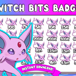 Peut inclure: Un ensemble de 16 badges Twitch Bits représentant une Évoli rose en dessin animé avec un joyau rouge sur le front. Les badges affichent différents montants de bits, de 1 à 5 millions.